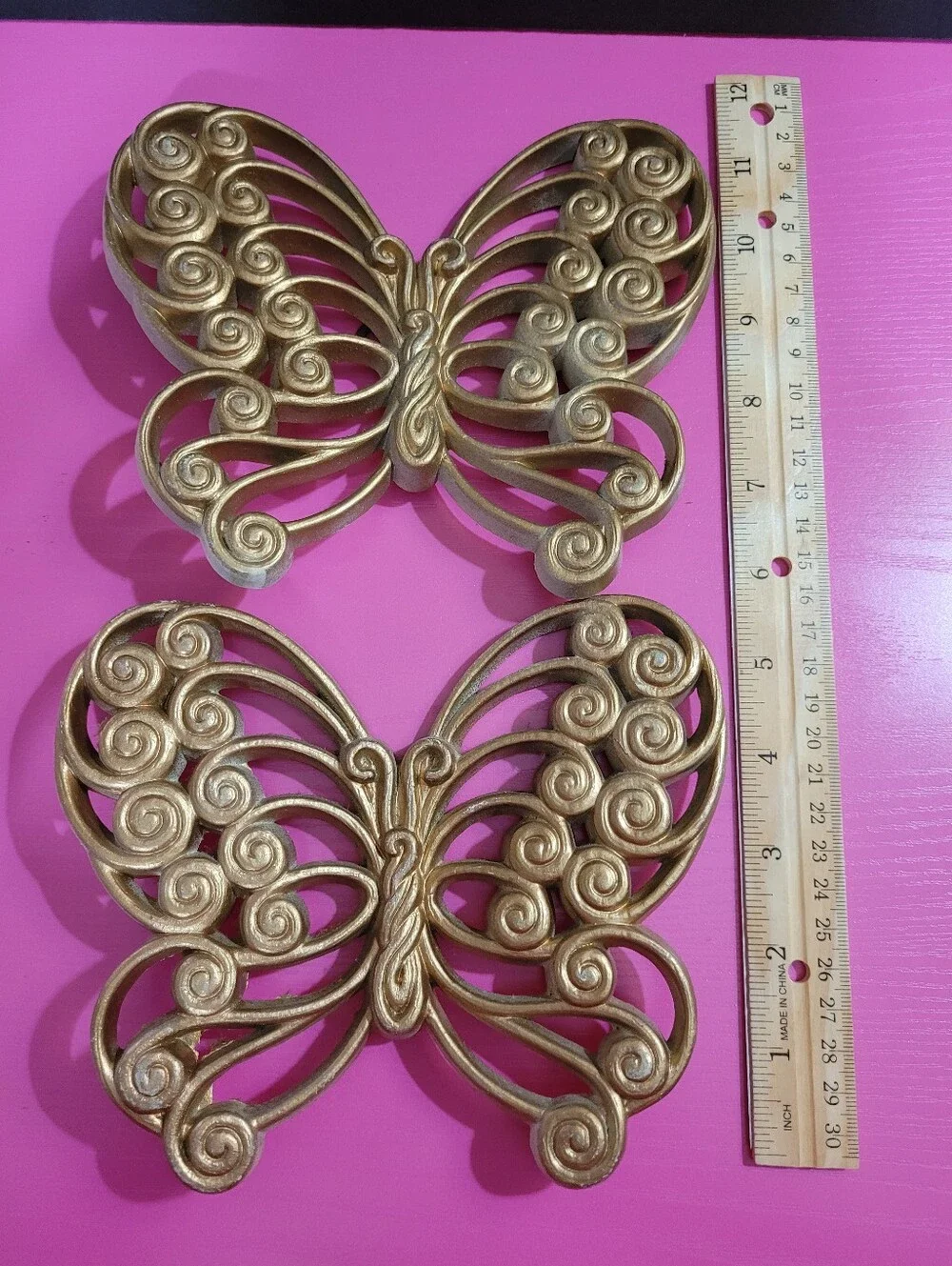 Vintage Burwood Products Gold Butterfly Wall Decor Set Of 2 Plastic (1669)
